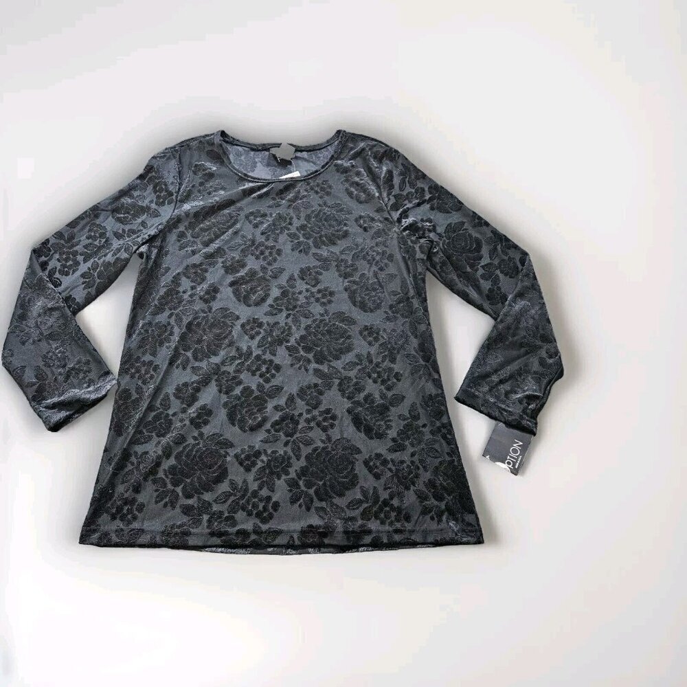 First Option Top M Women Black LS Round Neck Floral Burn Out Velvet Goth Y2K VTG - Picture 9 of 14